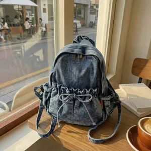 Sac à Dos en Denim Décontracté pour Femmes Vintage Lavé Voyage Bookbag