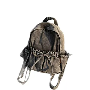 Sac à dos en jean décontracté pour femme élégant cartable lavé vintage avec cordon de serrage