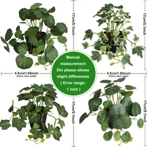 Detail showing four different types of artificial potted plants with dimensions