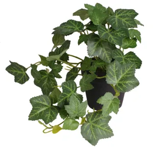 Close-up detail of a lush artificial green ivy plant in a minimal black plastic pot