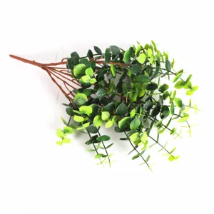 Detailed view of realistic green artificial eucalyptus leaves for home decoration