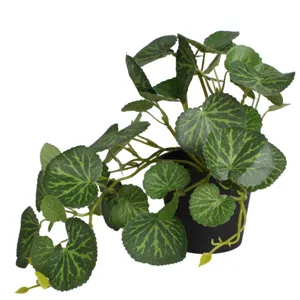 Detailed macro view of artificial potted plant with patterned green leaves for decor