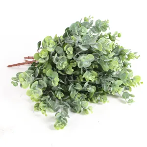 Artificial frosted eucalyptus leaves detail, soft rubber money leaf branch for decor.