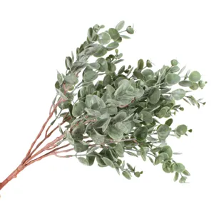 Artificial eucalyptus branch detail shot, frosted green coin leaves for home decor.