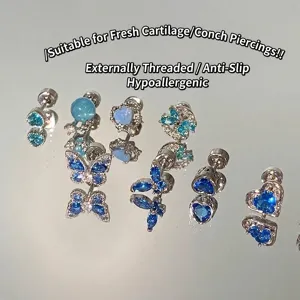 Titanium Steel Blue Rhinestone Butterfly Heart Stud Earrings For Women Light Luxury Cartilage Piercing Earrings Jewelry