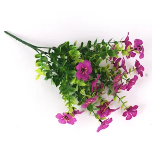 Detailed view of an artificial purple violet and eucalyptus bundle with seven branches