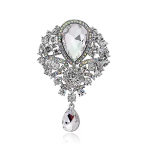Vintage silver crystal rhinestone brooch with pear-shaped dangling pendant