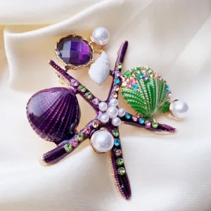 Purple Light Blue Sea Star Scallop Brooch For Women Alloy Rhinestone Marine Life Brooch Pin Fashion Shell Artificial Pearl Jewelry