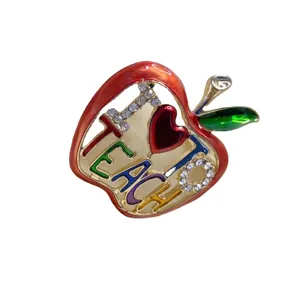 Colorful enamel apple brooch with 'I Love Teach' rhinestone text for graduation gift