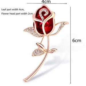 Detailed dimensions of the red crystal rose brooch with 4cm width and 6cm height.