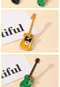 Detail of creative electric guitar shaped brooches in yellow and green finishes.