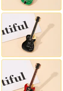 Detailed view of creative electric guitar brooches in black and red enamel finish