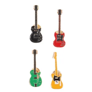 Creative electric guitar shaped enamel pins in four colors for clothing accessories.
