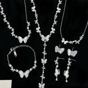 Elegant Copper Alloy Mother Of Pearl Butterfly Pendant Necklace Zirconia French Light Luxury Bracelet Stud Earrings For Women