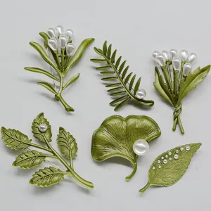 Broche Vintage de Esmalte Verde con Forma de Hoja y Flor para Mujer con Perlas Artificiales Broche de Planta Joyería Regalo
