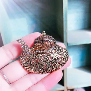 Elegante Vintage Aladdin-Lampen-Brosche mit Kristallen, Teekannen-Nadel für Damenmäntel