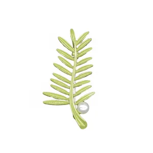 Elegante broche vintage con forma de hoja verde y perla blanca para mujer