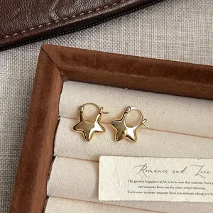 Detalle de los pendientes de aro dorados con forma de estrella pulida en un joyero.