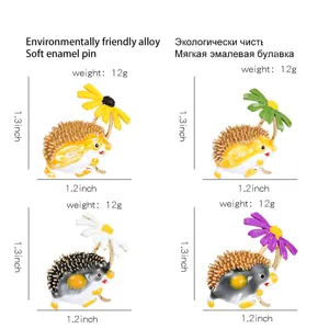Detailed view of colorful hedgehog enamel pins showing size dimensions and weight info.