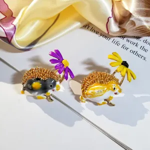Cute Hedgehog Holding Daisy Enamel Pin Brooch Alloy Animal Floral Lapel Badge For Women Girls Kids Clothing Accessories Gift