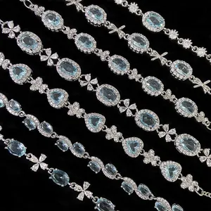Exquis Bracelet en Zirconia Bleu Ciel Cuivre Plaqué Argent Luxe Léger Ajustable Trèfle Nœud Cœur Bijoux pour Femmes Cadeau