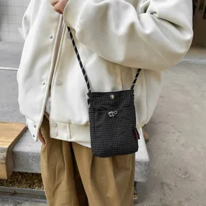 Borsa per cellulare a tracolla leggera a scacchi neri in stile minimalista giapponese alla moda