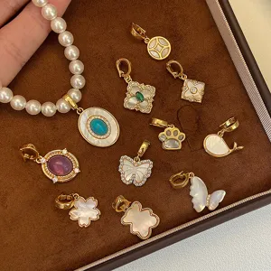 Pendentif Vintage en Cuivre Plaqué Or Coquille Naturelle Strass Pour Femme Elégant Papillon Coeur Pendentif Seul Sans Chaîne