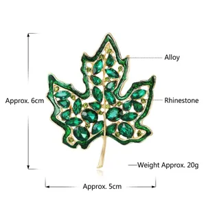 Broche de hoja de arce de cristal verde con marco de aleación dorada y medidas