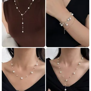Elegant Fashion Y-Shaped Long Pearl Necklace For Women Minimalist Gypsophila Lariat Necklace Artificial Pearl Copper Chain Jewelry Gift