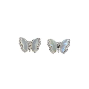 Elegant natural shell butterfly stud earrings with shimmering cubic zirconia accents