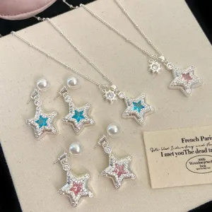Exquisite Star Hollow Sun Flower Pendant Necklace Artificial Pearl Stud Earrings Copper Alloy Rhinestone Jewelry Set Women