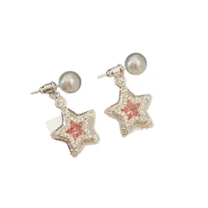 Exquisite silver star earrings with micro-set zircons, pink gems and elegant grey pearls