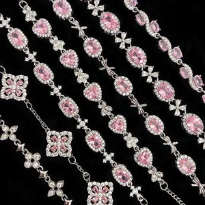 Exquisite Strawberry Pink Zirconia Bracelet For Women Copper Silver Plated Four Leaf Clover Heart Bowknot Stacking Jewelry Gift