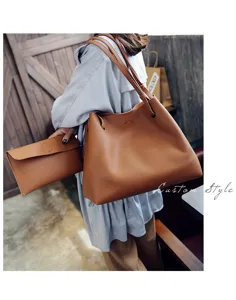 Detailansicht der stilvollen braunen Damen Shopper Tasche mit Etui für den Alltag.