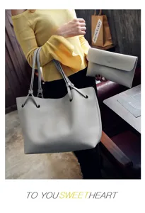 Graue Lychee-Muster Tasche und Clutch Set, stilvolle minimalistische Damentasche.