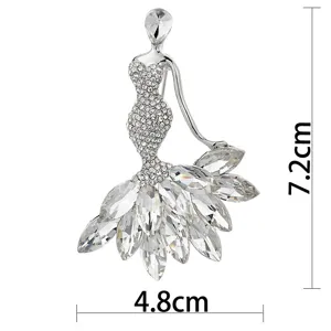 Detailed view of elegant silver mermaid brooch with clear crystals and 7.2cm height