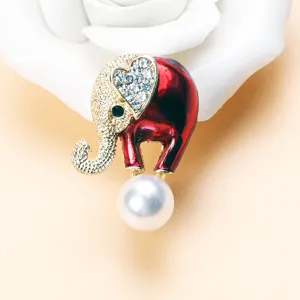 Women Red Enamel Elephant Brooch Rhinestone Heart Ear Artificial Pearl Inlaid Alloy Animal Lapel Pin For Coat Dress Jewelry