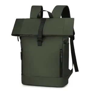 Men Roll Top Backpack Waterproof PU Leather 16 Inch Laptop Compartment Business Casual School Bag For Travel Daily Use