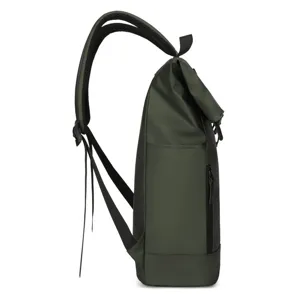 Detailed side profile of a minimalist dark olive green roll-top waterproof backpack