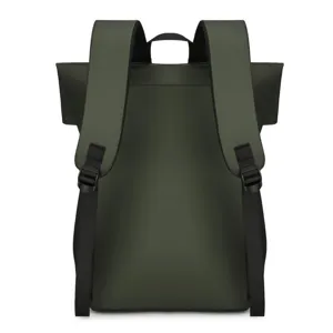 Back view of a minimalist olive green roll-top backpack showing padded straps