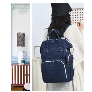 Detailed view of the stylish quilted multi-functional diaper backpack in dark blue color.