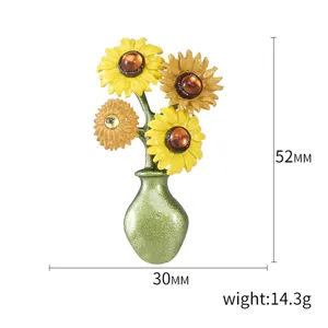 Vintage sunflower in vase brooch showing dimensions 52mm x 30mm and 14.3g weight