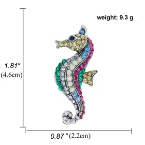 Detailed view of colorful rhinestone seahorse brooch with 4.6cm height measurement
