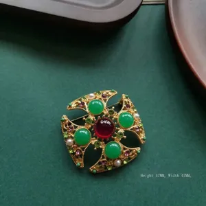 Broche Barroco de Palacio Vintage Cuadrado Hueco Verde Esmeralda para Mujer Aleación de Oro Diamante Imitación Perla Artificial