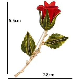 Vintage red rose brooch with green leaves, detailed size measurement 5.5cm x 2.8cm