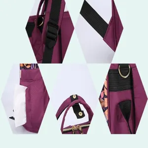 Μακροσκοπικές λεπτομέρειες του μωβ νάιλον σακιδίου πάνας με πλαϊνή θήκη χαρτομάντιλων