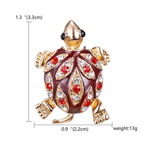 Vintage gold-plated enamel turtle brooch with sparkling red rhinestones 3.3cm x 2.2cm