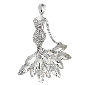 Detailed view of an elegant silver-tone mermaid brooch featuring sparkling marquise crystals