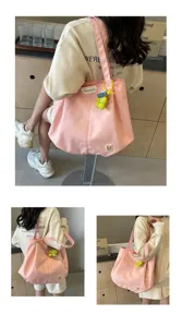 Bolso tote de lona rosa, gran bolso de hombro para el trabajo diario y la escuela.