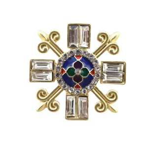 Elegant vintage matte gold Baroque brooch featuring colorful enamel and crystal accents.